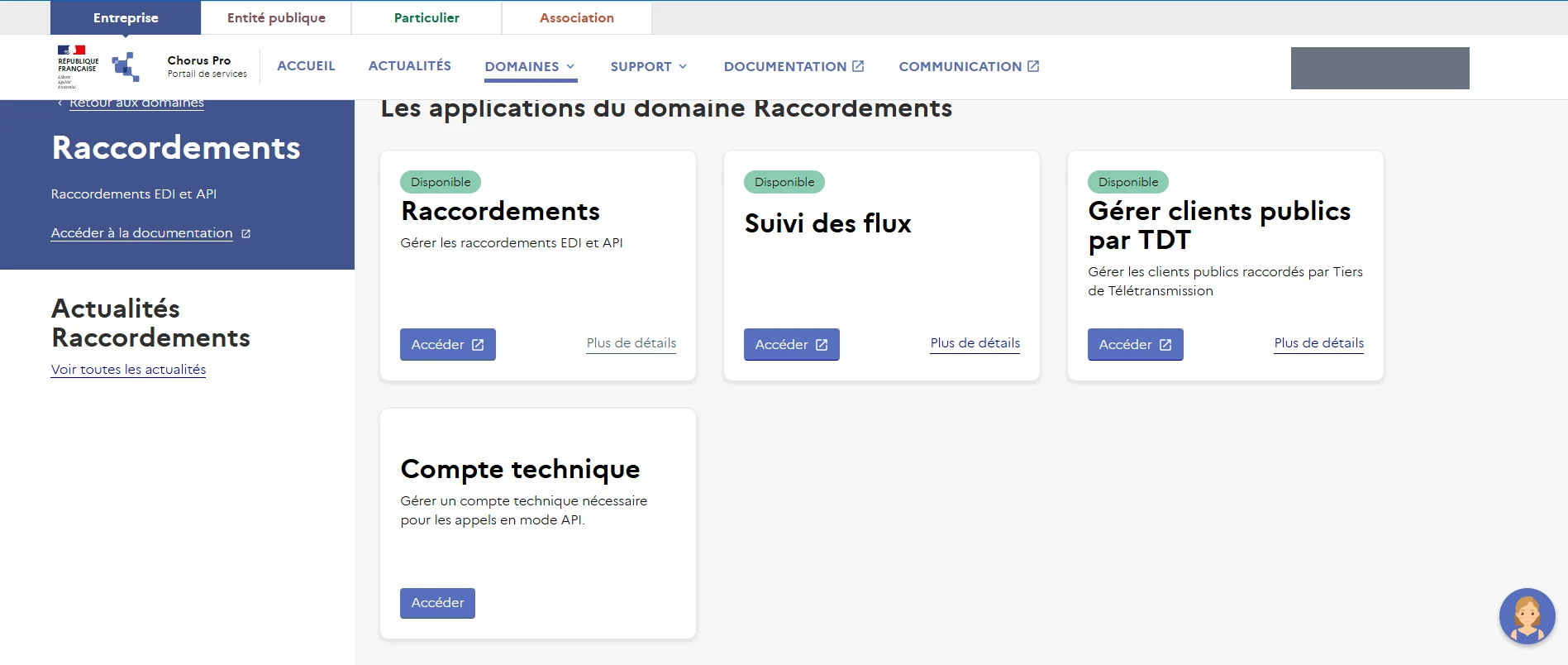 Le domaine Raccordements du portail Chorus Pro, avec la tuile Compte technique