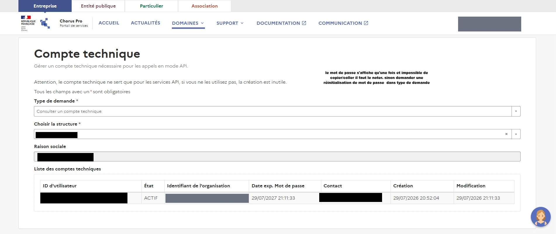 Le mot de passe du compte technique, affiché une seule fois, avec sa date d'expiration