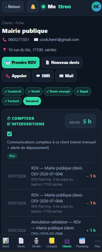 Mettron — fiche client avec compteur d'heures