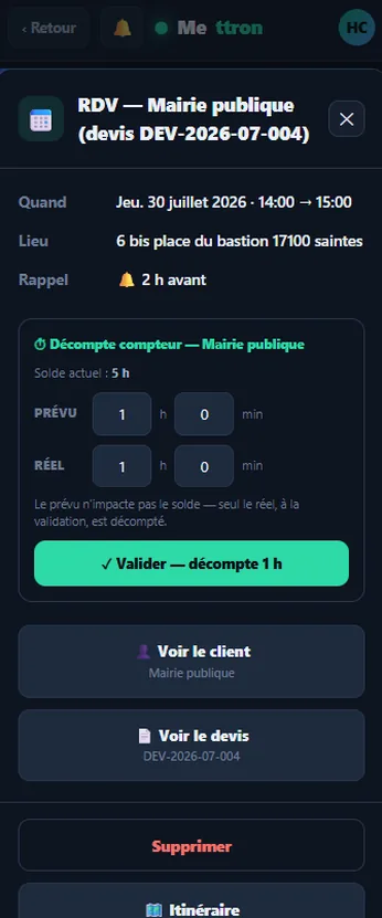 Mettron — décompte du compteur depuis le planning