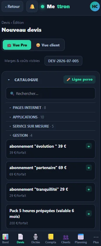 Mettron — devis et catalogue organisé en sections