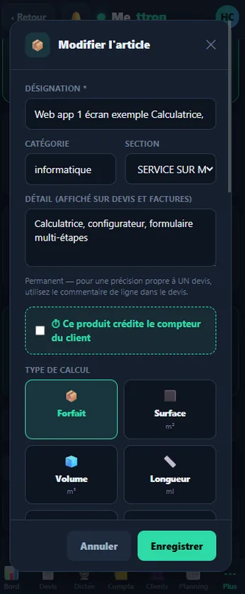 Mettron — fiche article : crédit du compteur client