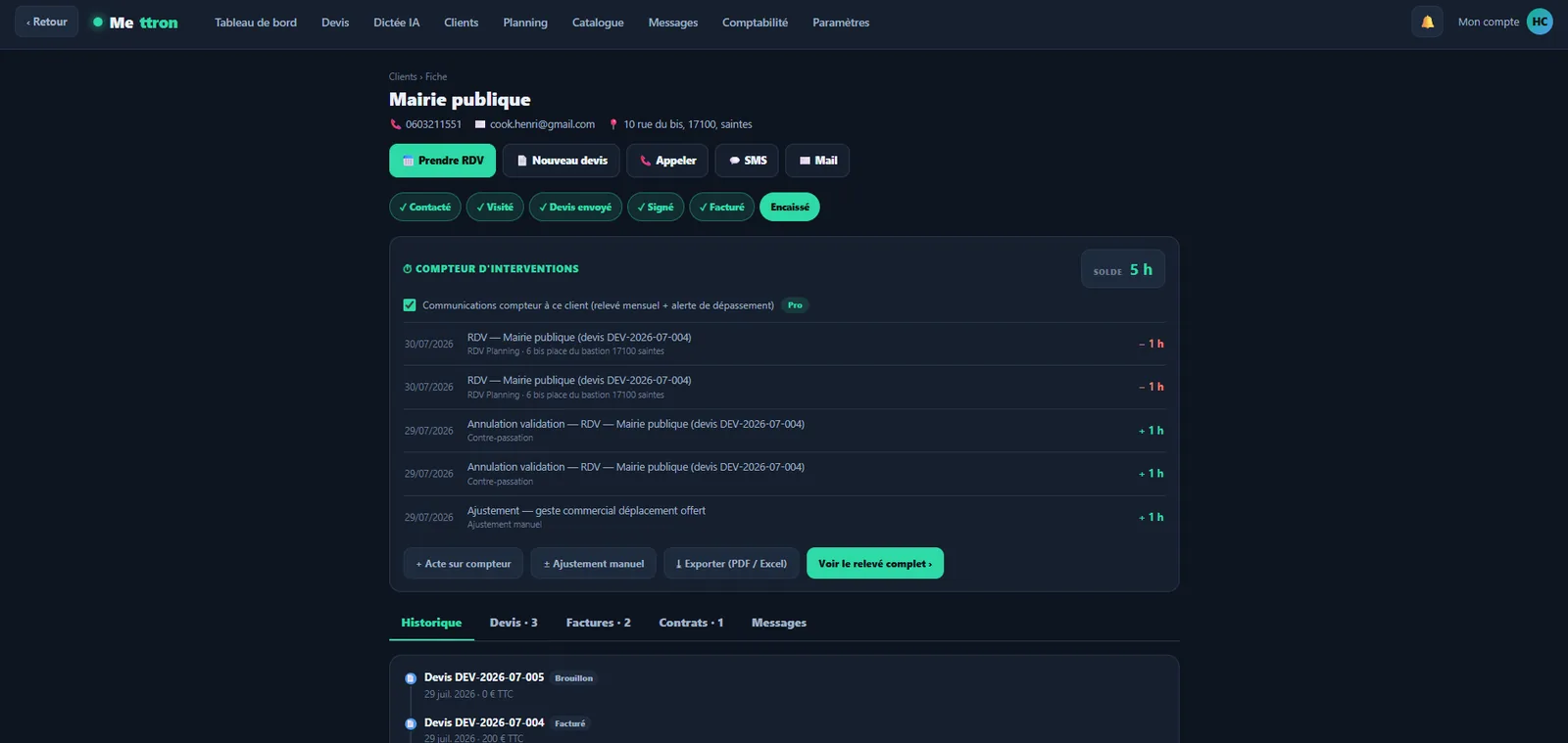Mettron — fiche client avec compteur d'heures