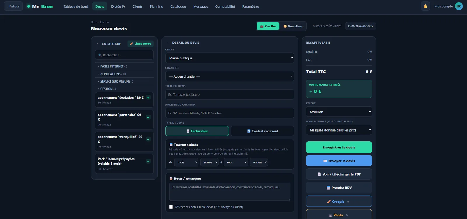Mettron — devis et catalogue organisé en sections