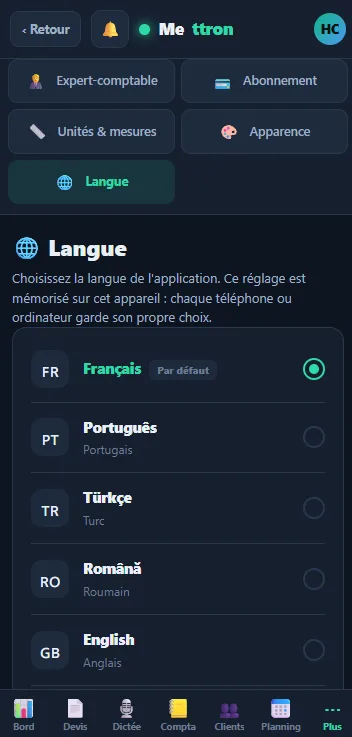 Mettron sur téléphone — L'interface en 5 langues, sur téléphone