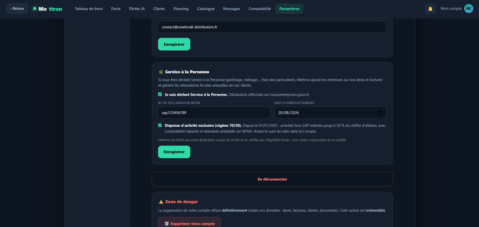 Mettron — Service à la Personne : n° NOVA et régime 70/30, pour les mentions et les attestations fiscales